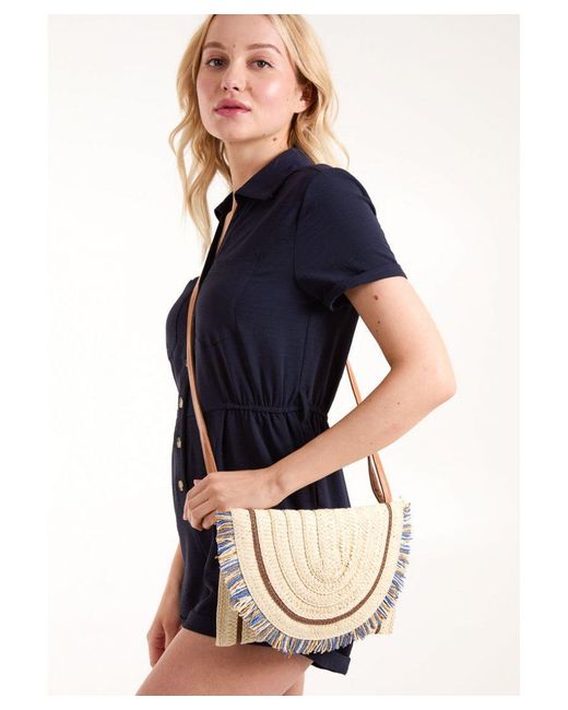 Blue Vanilla Natural Woven Fringe Detail Clutch Bag With Attachable Strap