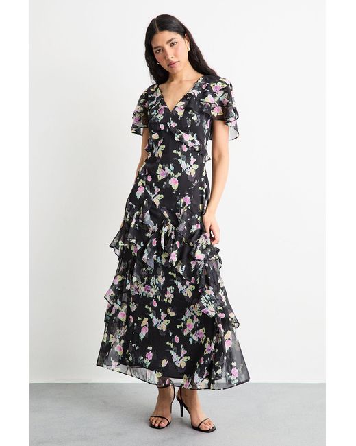 Warehouse White Flutter Sleeve Floral Print Frill Detail Maxi Dress