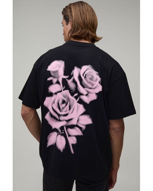 BoohooMAN Black Oversized Dotted Floral Print T-Shirt Cotton for men