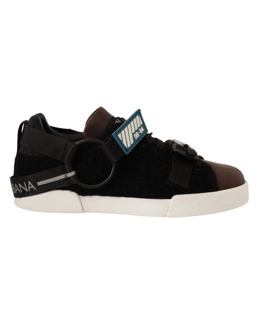 Dolce & Gabbana Black Low Top Leather Shearling Sneakers for men