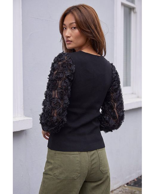 Roman Black Lace Sleeve V-Neck Knit Top