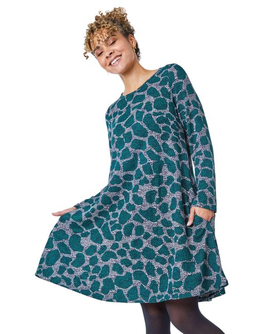 Roman Petite Blue Animal Print Mini Swing Dress