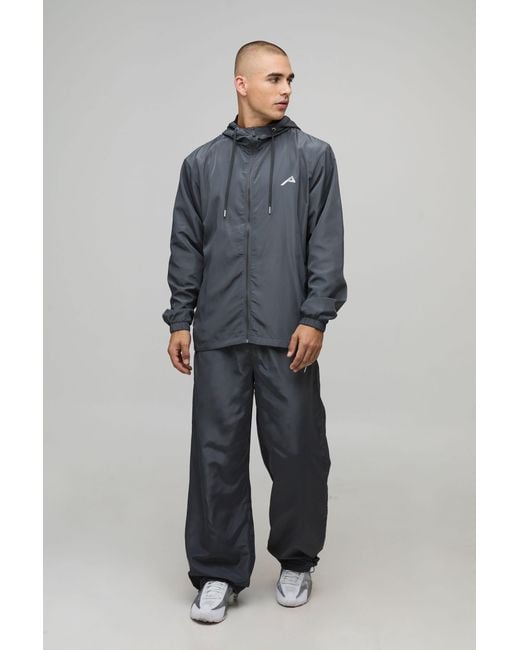 BoohooMAN Gray Regular Hooded Jacket & Relaxed Jogger Nylon Tracksuit for men