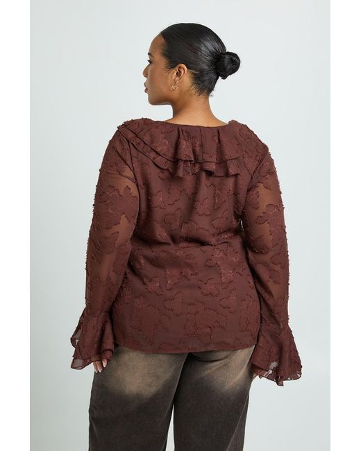 Boohoo Brown Plus Ruffle Burnout Blouse