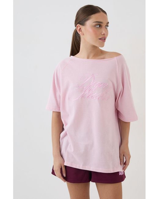 DSGN Studio Pink Contrast Script Off The Shoulder T-Shirt