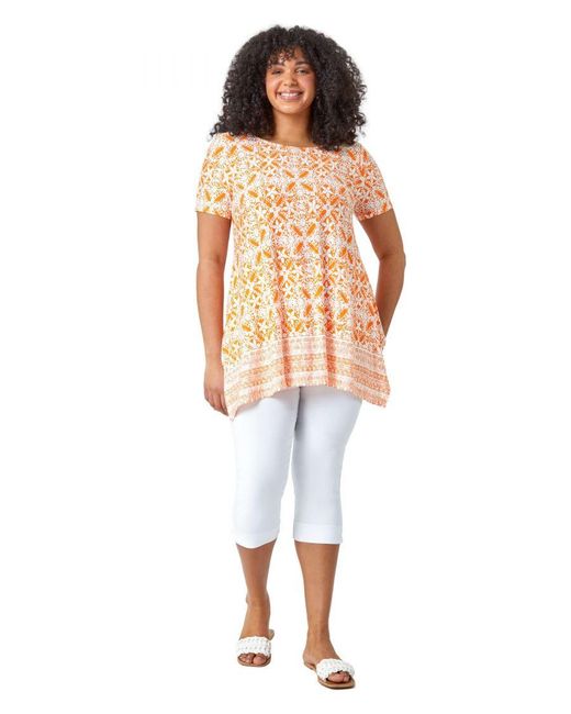 Roman Curve Orange Geo Stretch Jersey Tunic Top