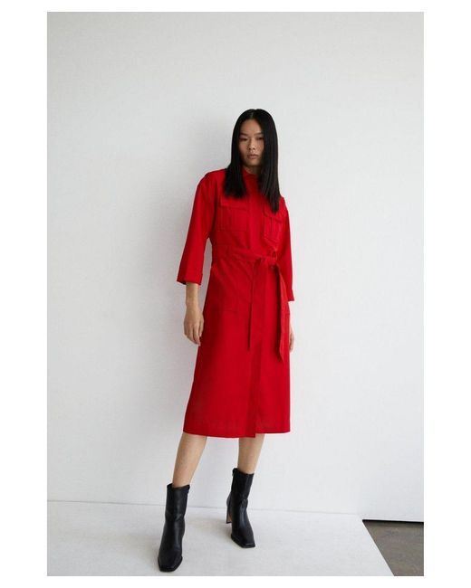Warehouse Red Utility Shirt Dress With 3/4 Sleeve
