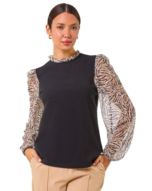 Roman Black Contrast Animal Print Mesh Stretch Top