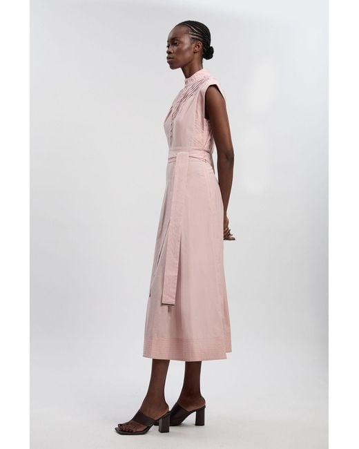 Karen Millen Pink Cotton Pleated Tie Waist Woven Midi Dress