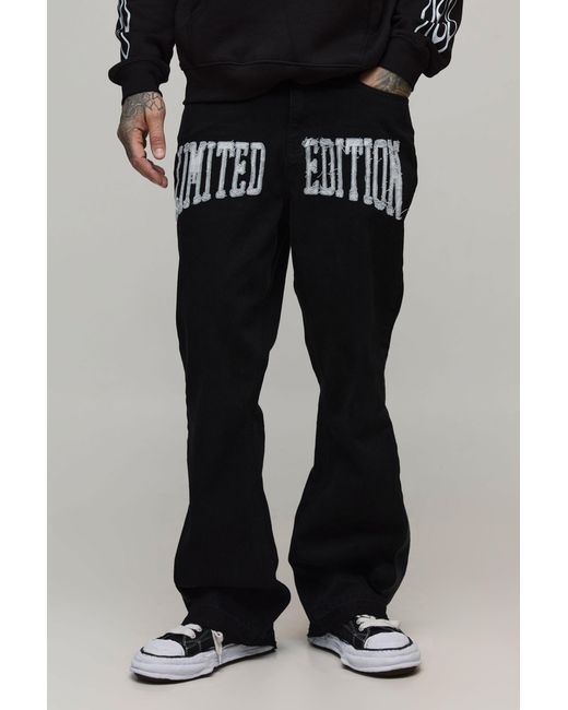BoohooMAN Black Tall Raw Hem Applique Gusset Flared Jeans for men