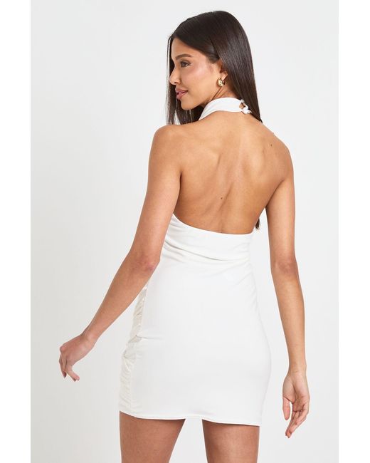 Boohoo White Slinky Halterneck Drape Skirt Mini Dress