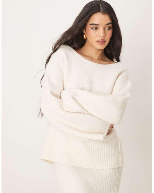 Gina Tricot Natural Co-Ord Chunky Rib Knitted Sweater With Tie Back Bow Detail