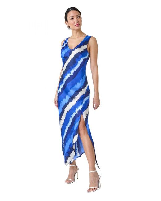 Roman Blue Stripe Print Satin Bodycon Midi Slip Dress