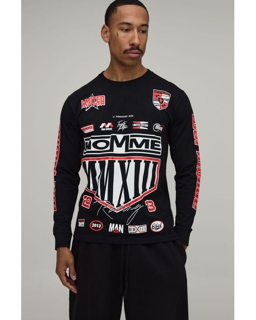 BoohooMAN Black Regular Fit Multi Print Placement Long Sleeve T- Shirt for men