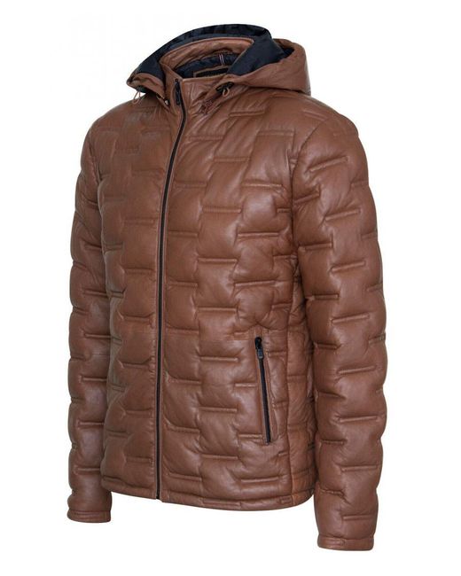 Infinity Leather Brown Hooded Puffer Quilted Bomber Jacket for men