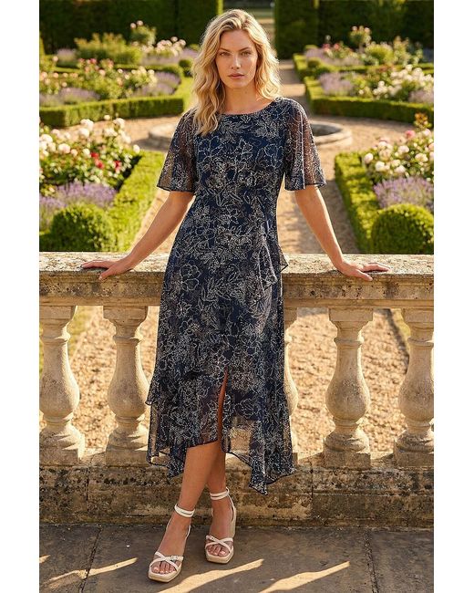 Roman Blue Floral Spot Print Frill Midi Dress