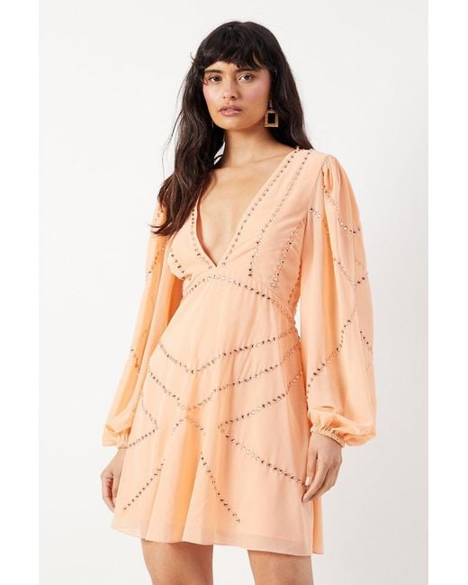 Warehouse Natural Premium Chiffon Embellished Plunge Neck Mini Dress