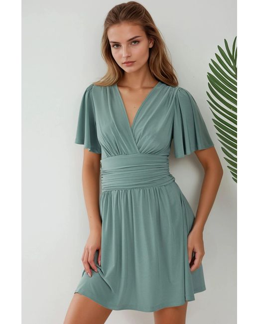 Hiccup Green V-Neck Short Sleeve Mini Dress