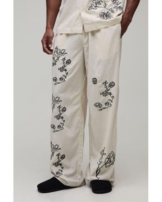 BoohooMAN Natural Baggy Fit Linen Blend Small Floral Embroidery Trousers for men