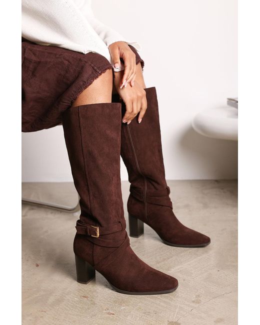 Where's That From Brown Wheres 'Jolisa' Suede Buckle Strap Knee High Boots With Block Heel And Pointed Toe