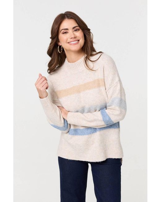 Izabel London White Striped High Neck Boxy Jumper