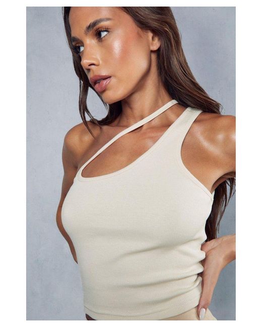 MissPap Natural Ribbed Cut Out One Shoulder Top