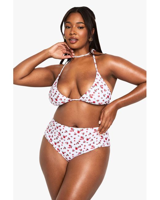 Boohoo Red Plus Ditsy Floral Triangle Bikini Set