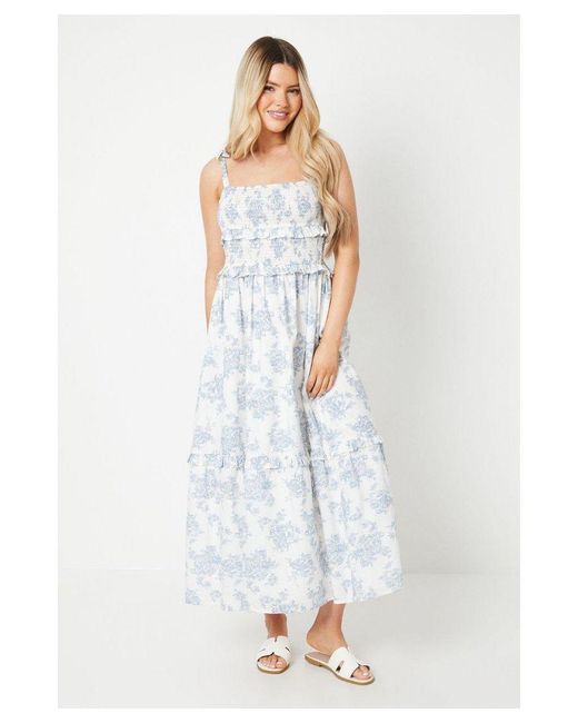 Dorothy Perkins White Floral Shirred Bodice Cotton Voile Tiered Midi Dress