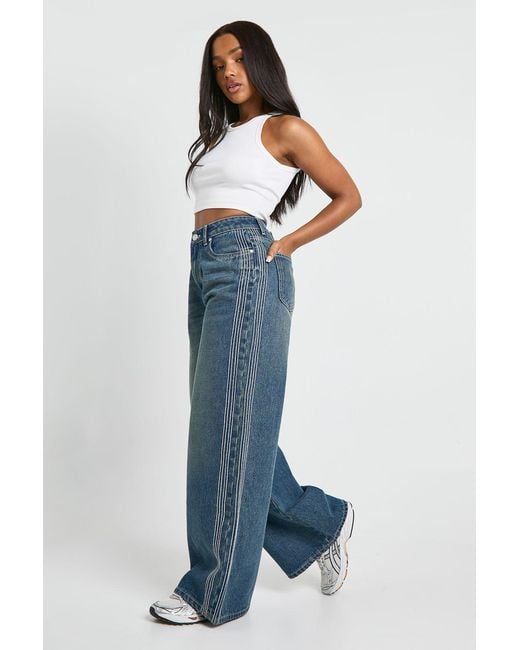 Boohoo Blue Stitched Detail High Waist Wide Leg Jean