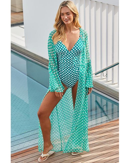 Sosandar Blue Spot Print Tie Waist Fluted Sleeve Beach Kaftan