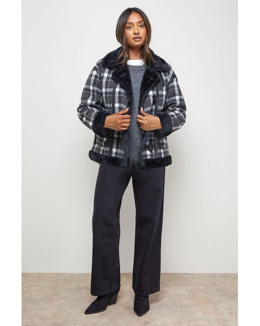 Oasis Blue Shearling Trim Check Coat