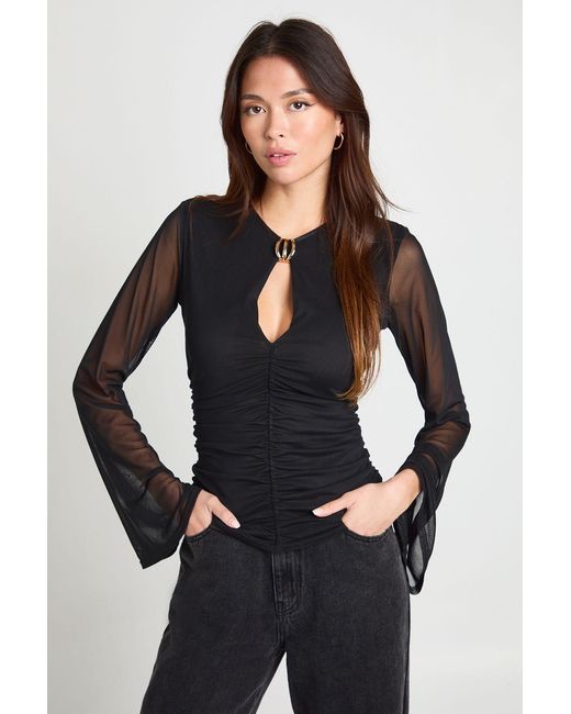 Boohoo Black Mesh Gathered Front Trim Detail Long Sleeve Top