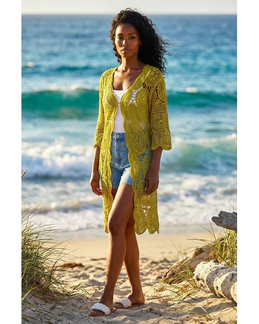Roman Yellow Crochet Longline Knit Cardigan