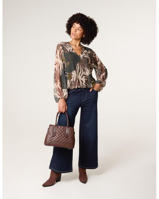 Blue Vanilla Blue Printed Mesh V Neck Puffball Top