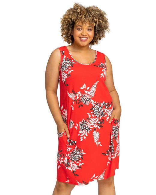 Roman Curve Red Floral Print Swing Dress