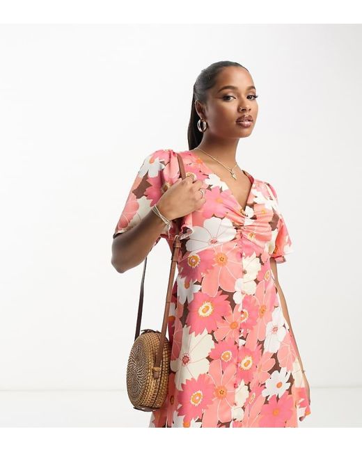ASOS Red Design Satin Button Through Mini Tea Dress With Flutter Sleeve
