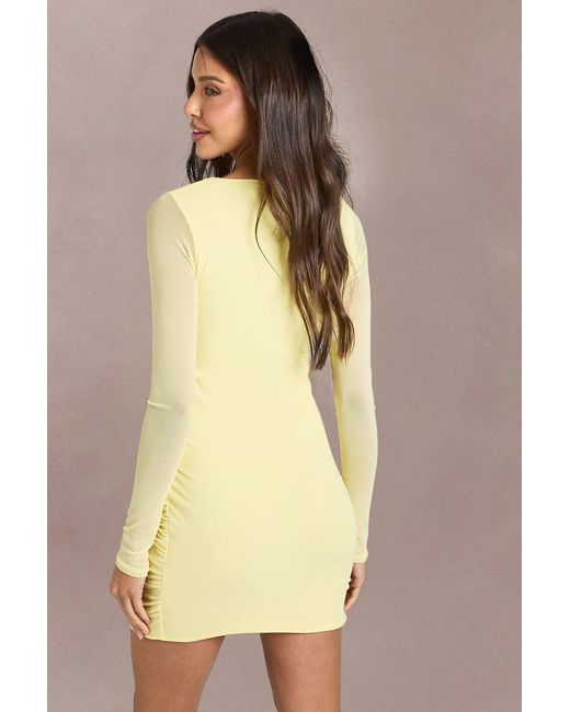 Boohoo Yellow Square Neck Ruched Mesh Bodycon Dress