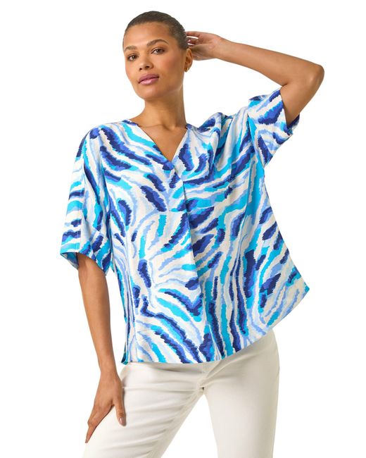 Roman Blue Animal Print Pleated Tunic Top