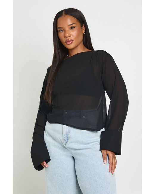 Boohoo Black Plus Ruched Shoulder Asymmetric Hem Long Sleeve Top