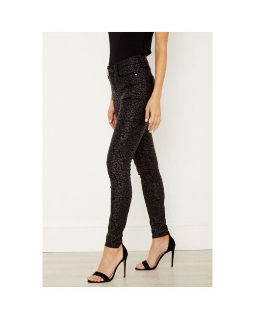 Sosandar Black Textured Leopard Print Coated Skinny Jeans