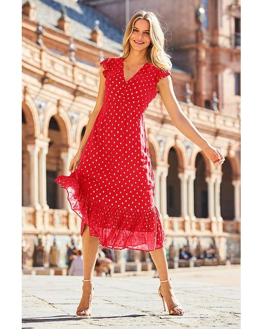 Sosandar Red Metallic Spot Print Ruffle Detail Midi Dress