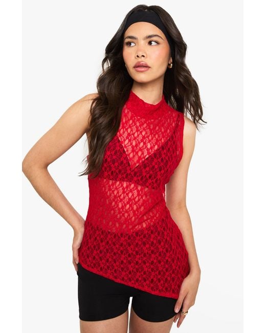 Boohoo Red Lace Grown On Neck Asym Hem Top