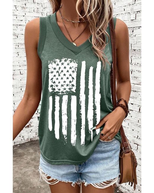 Azura Exchange Green Mist Frayed American Flag Printed V Neck Tank Top