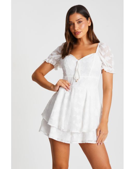 Quiz White Floral Jacquard Tiered Playsuit