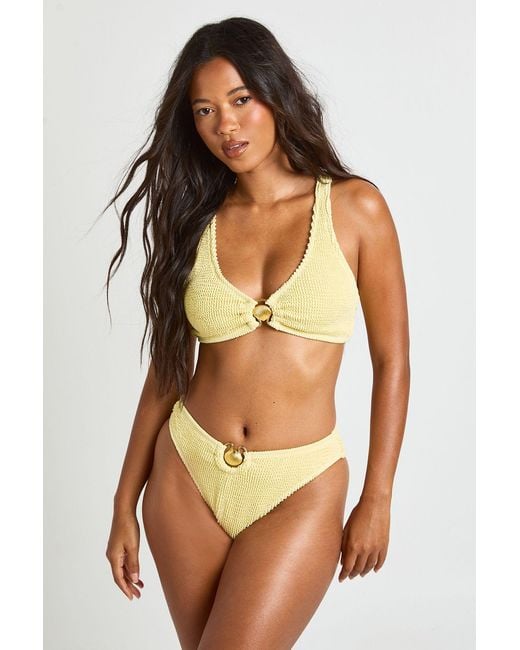 Boohoo Yellow Shell Trim Crinkle High Waist Bikini Brief