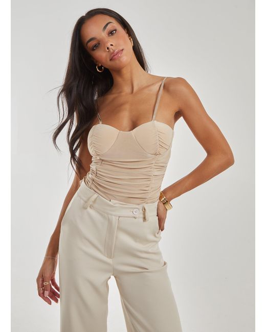 Pink Vanilla White Ruched Cupped Bodysuit