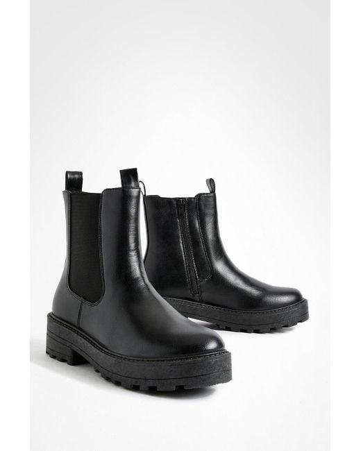 Boohoo Black Wide Fit Double Tab Detail Chunky Chelsea Boots