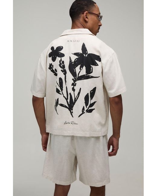 BoohooMAN Gray Floral Print Linen Look Oversized Shirt & Short Set for men