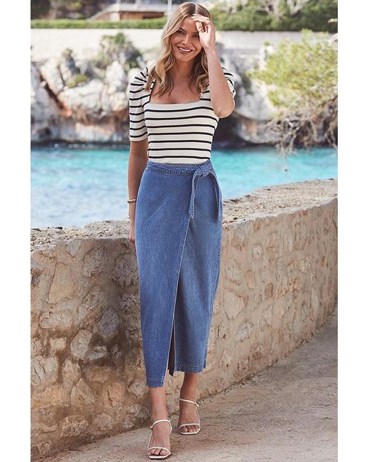 Sosandar Blue Mid Denim Tie Waist Midi Skirt