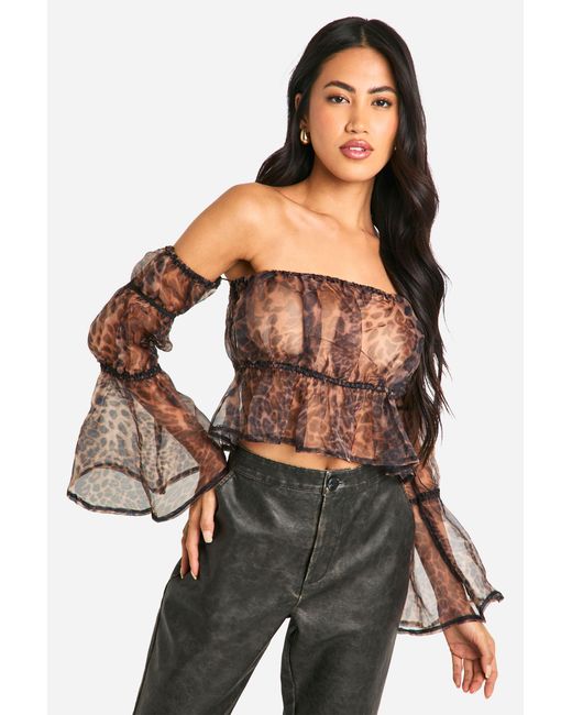 Boohoo Black Organza Print Bardot Crop Smock Top